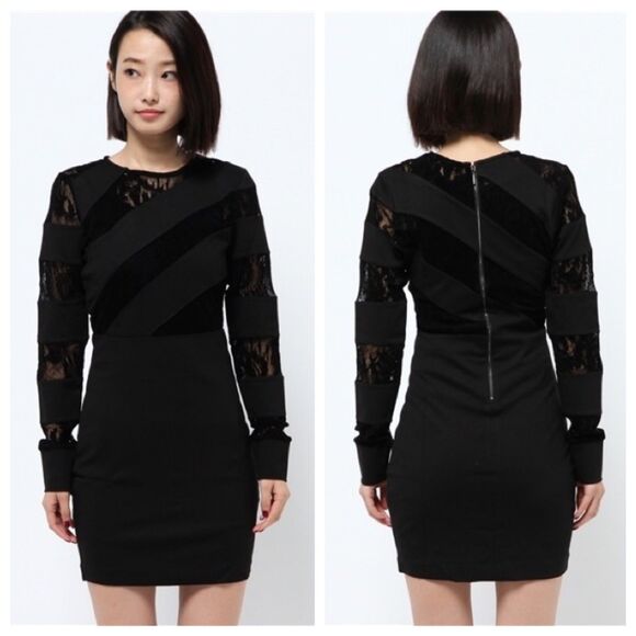 NWT Guess Frederikke Spliced Long Sleeve Dress w Peekaboo Lace in Black Size S - Picture 3 of 15